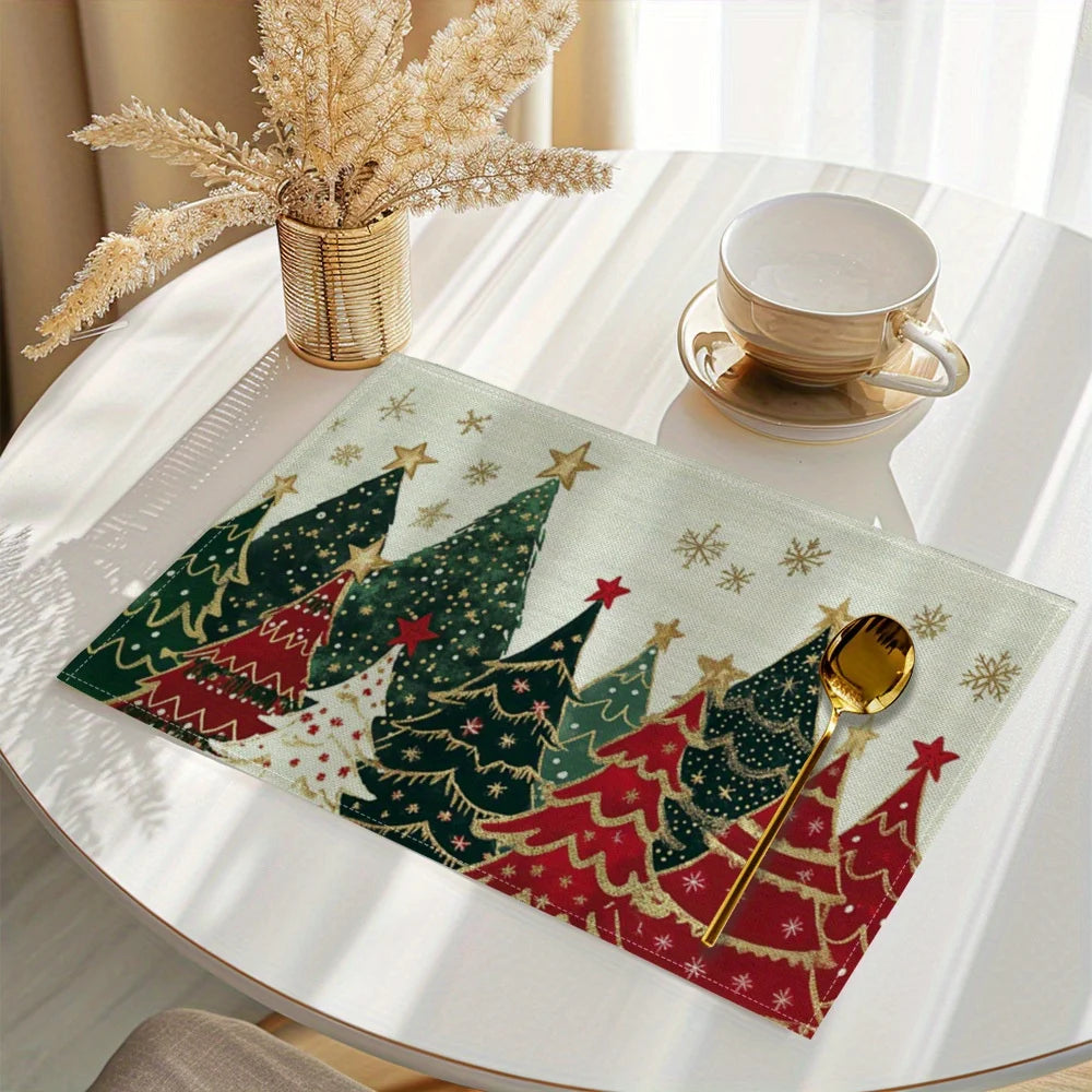 Christmas tree placemats set featuring colorful trees and gold accents for festive dining decor