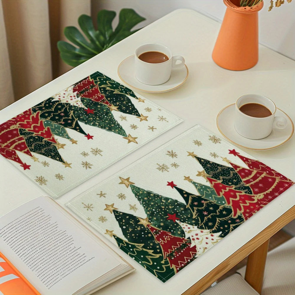 Christmas tree placemats set featuring colorful holiday trees and festive designs for seasonal dining