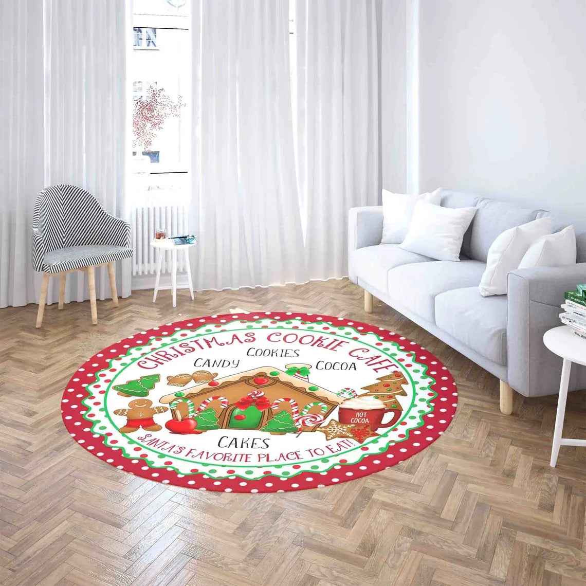 Christmas Tree Round Rug featuring a festive cookie design perfect for holiday decor