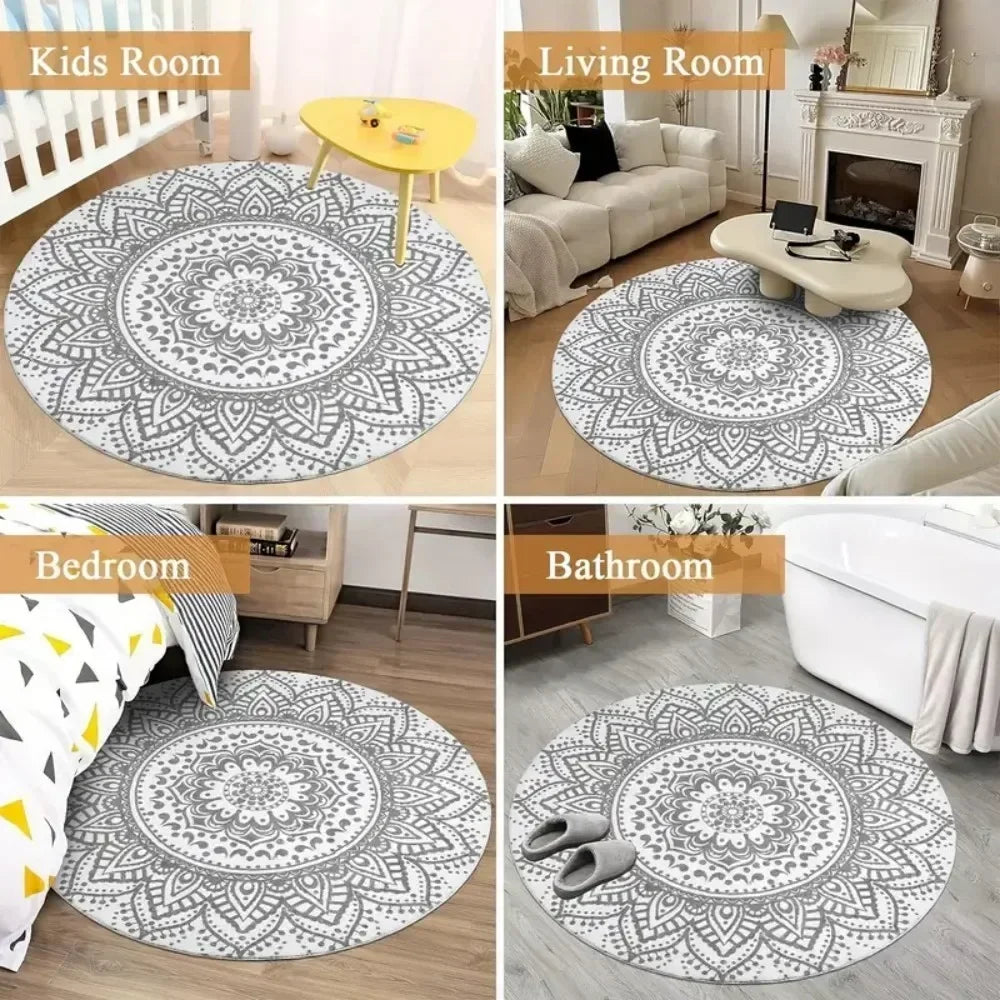 Christmas Tree Round Rug displayed in kids room, living room, bedroom, and bathroom settings