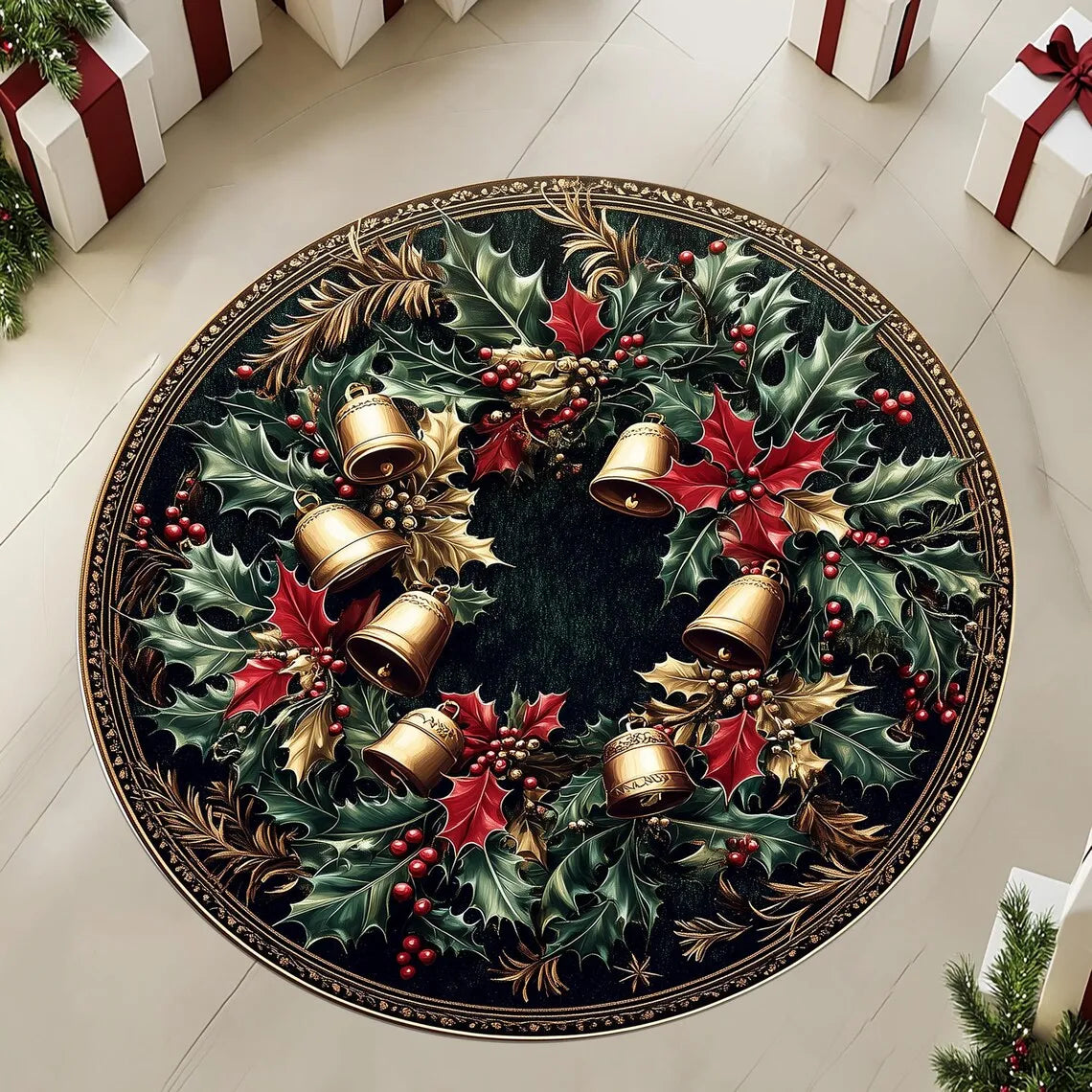 Christmas Tree Round Rug featuring festive holly, bells, and berries for holiday decor