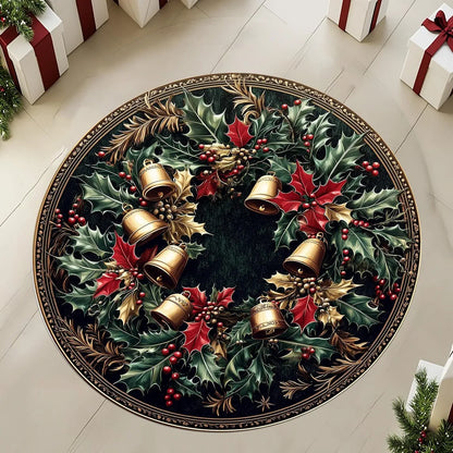 Christmas Tree Round Rug featuring festive holly, bells, and berries for holiday decor