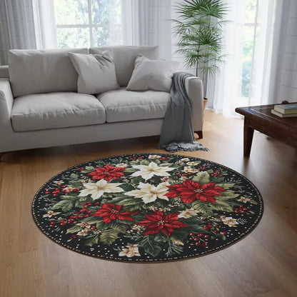 Christmas Tree Round Rug with festive floral design, perfect for holiday decorating in living rooms