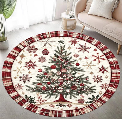 Christmas Tree Round Rug with festive tree design and red plaid border for holiday decor