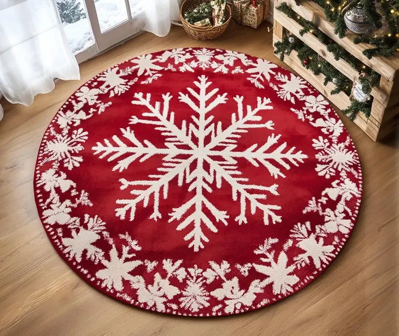 Nutshell Christmas Tree Round Rug with a festive snowflake design on a red background