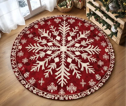 Nutshell Christmas Tree Round Rug with a festive snowflake design and rich red background