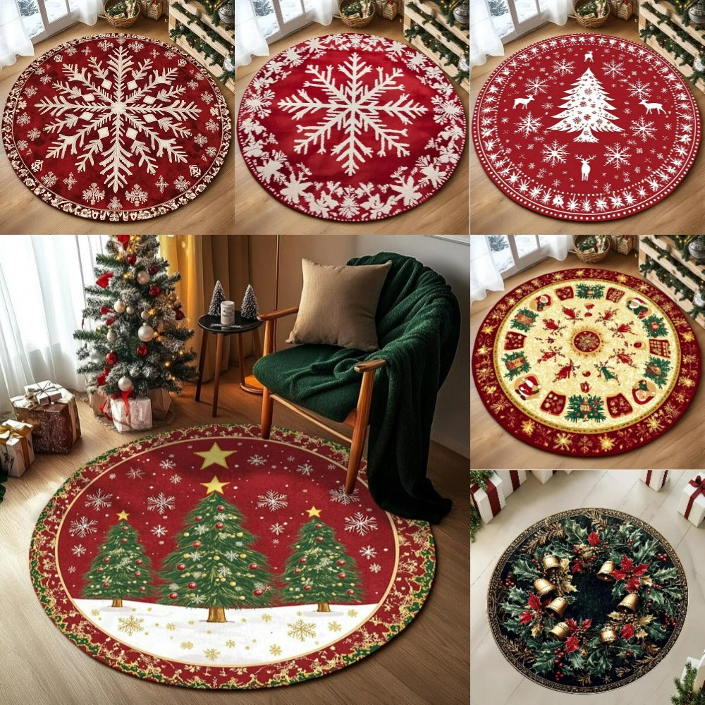 Various Christmas Tree Round Rugs featuring festive designs for holiday home decor
