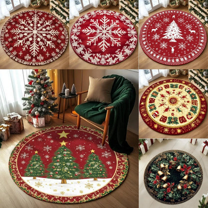 Various Christmas Tree Round Rugs featuring festive designs for holiday home decor