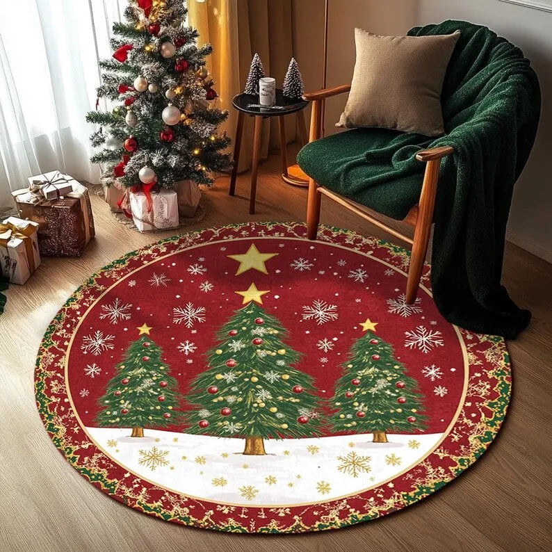Nutshell Christmas Tree Round Rug featuring festive trees and snowflakes for holiday decor