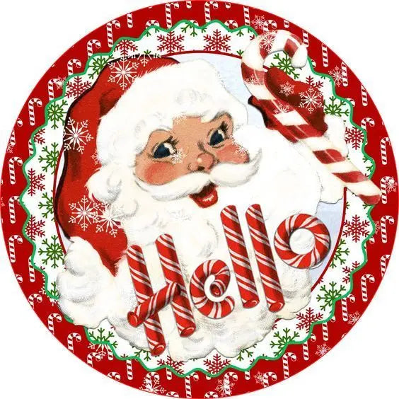 Colorful Christmas Tree Round Rug featuring a smiling Santa and candy cane design