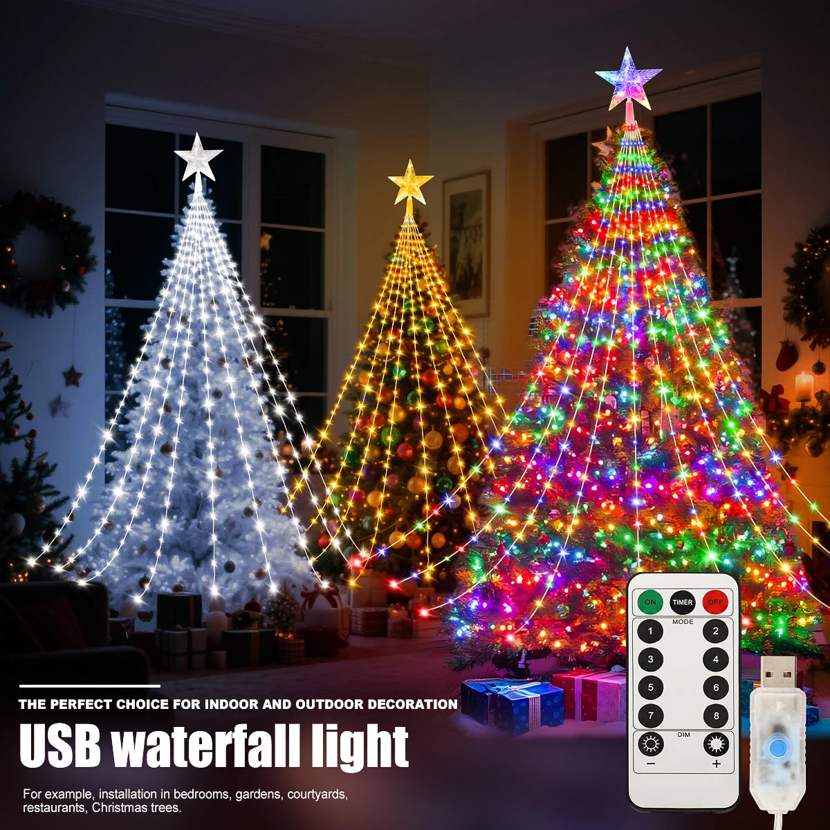 Colorful Christmas tree shooting star lights in white and multicolor for festive indoor outdoor decoration