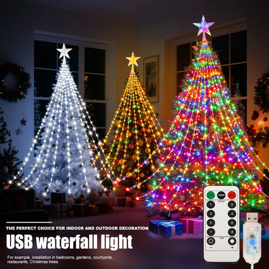 Colorful Christmas tree shooting star lights in white and multicolor for festive indoor outdoor decoration