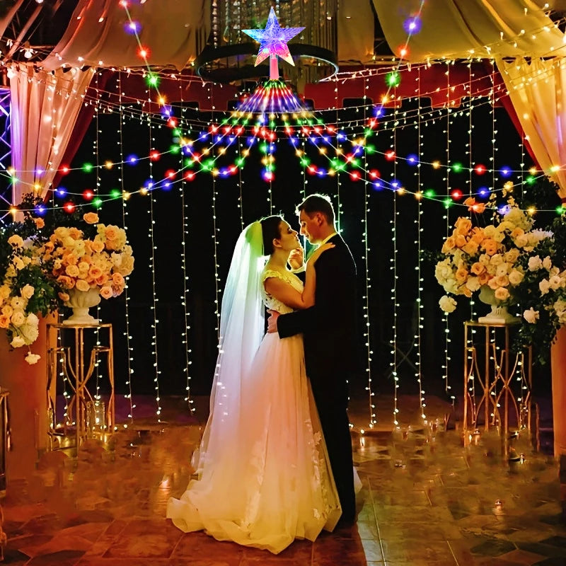 Wedding couple dancing under Christmas tree shooting star lights with colorful decorations
