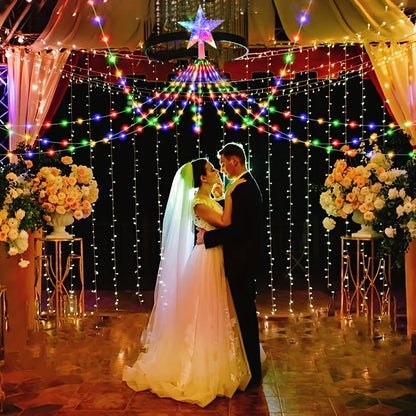 Wedding couple dancing under Christmas tree shooting star lights with colorful decorations