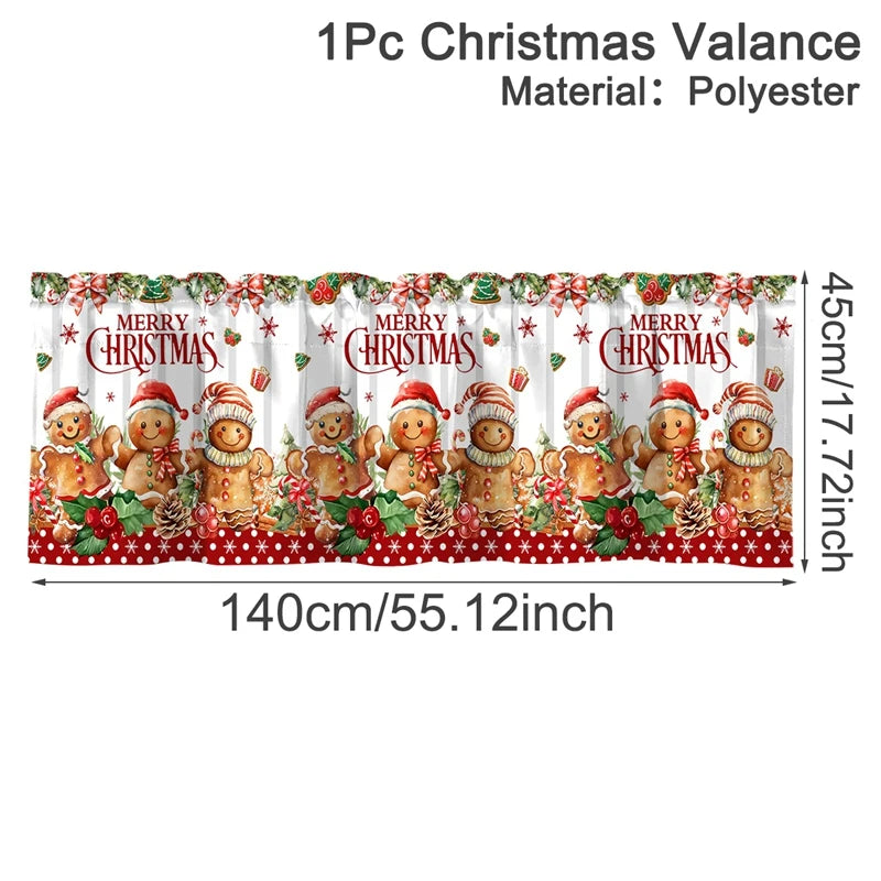 Colorful Christmas window valances 2025 featuring gingerbread men and festive decorations