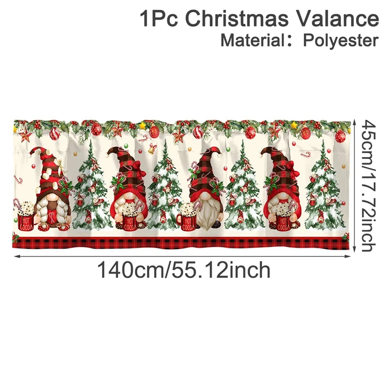 Christmas window valances 2025 featuring festive gnomes and trees in vibrant colors