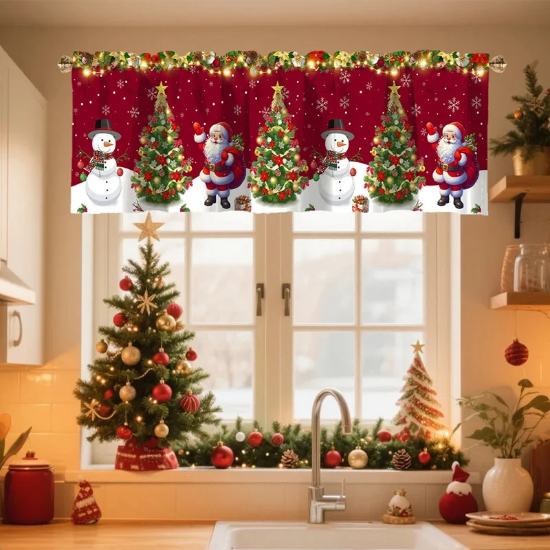 Christmas window valances 2025 featuring cheerful snowmen and decorated trees in a festive kitchen setting