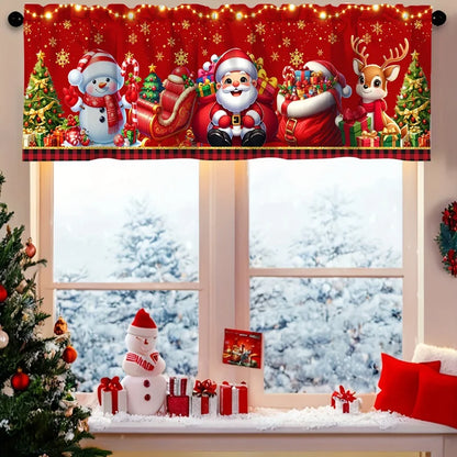 Festive Christmas window valances 2025 featuring Santa, snowman, reindeer, and decorated trees