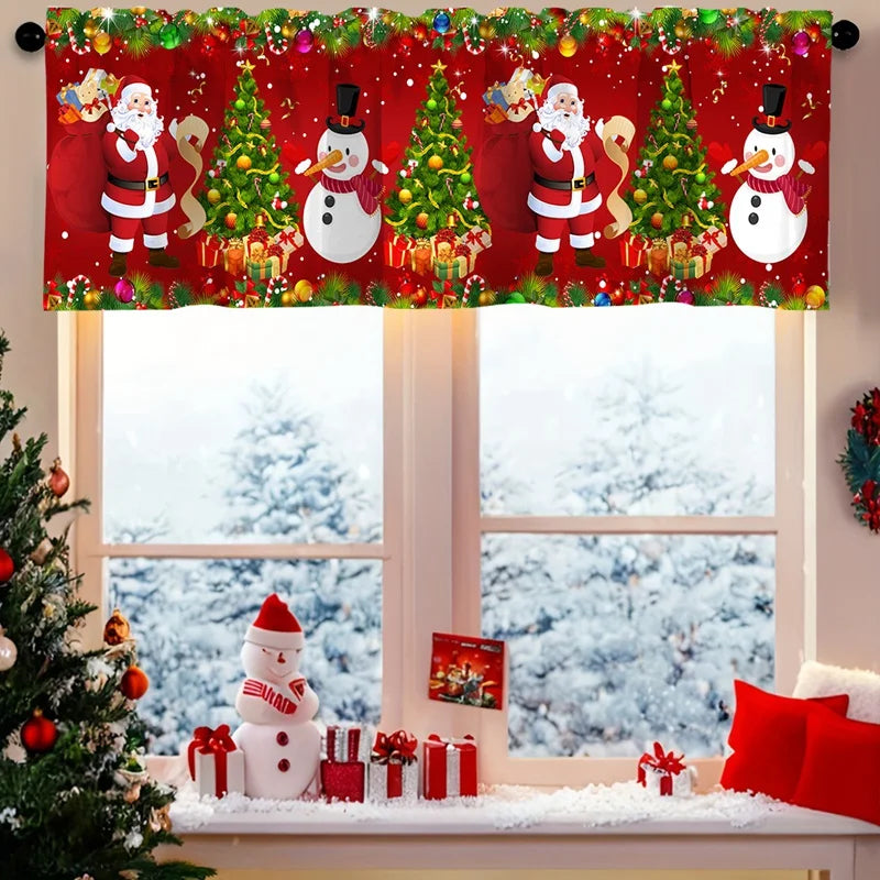 Colorful Christmas window valances 2025 featuring Santa, snowmen, and Christmas trees for festive decor