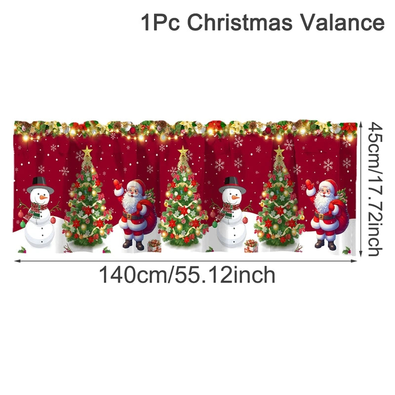 Nutshell Christmas window valances 2025 featuring Santa, snowman, and decorated trees on a red background