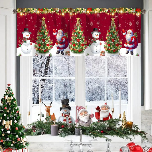 Festive Christmas window valances 2025 featuring snowmen and Christmas trees against a red background