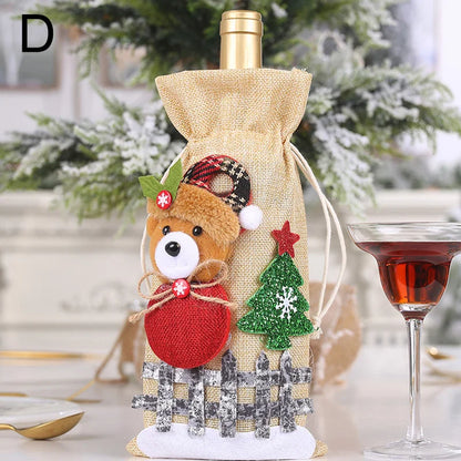 Festive Christmas wine bottle covers featuring a bear and Christmas tree design for holiday celebrations