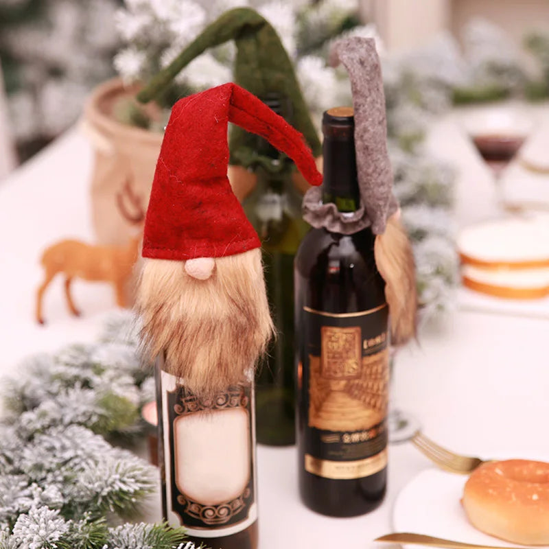 Christmas wine bottle covers featuring festive gnome hats in red and gray for holiday celebrations
