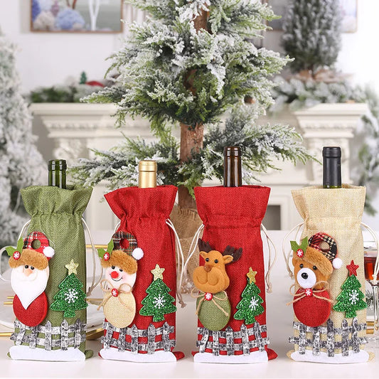 Colorful Christmas wine bottle covers featuring festive designs with Santa, snowman, and reindeer
