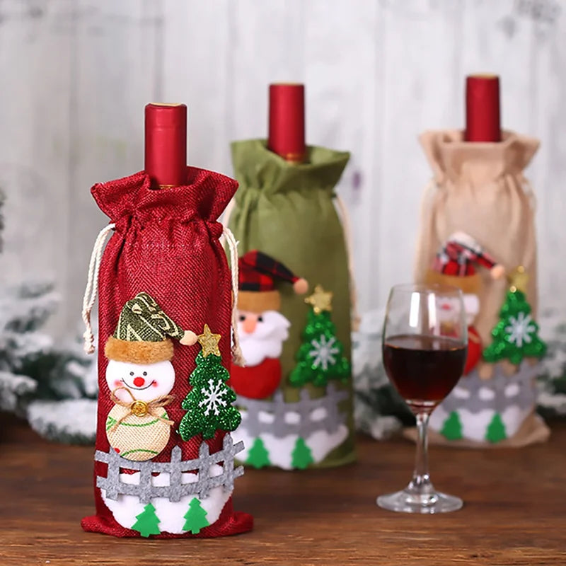 Colorful Christmas wine bottle covers with festive designs featuring a snowman and Santa Claus