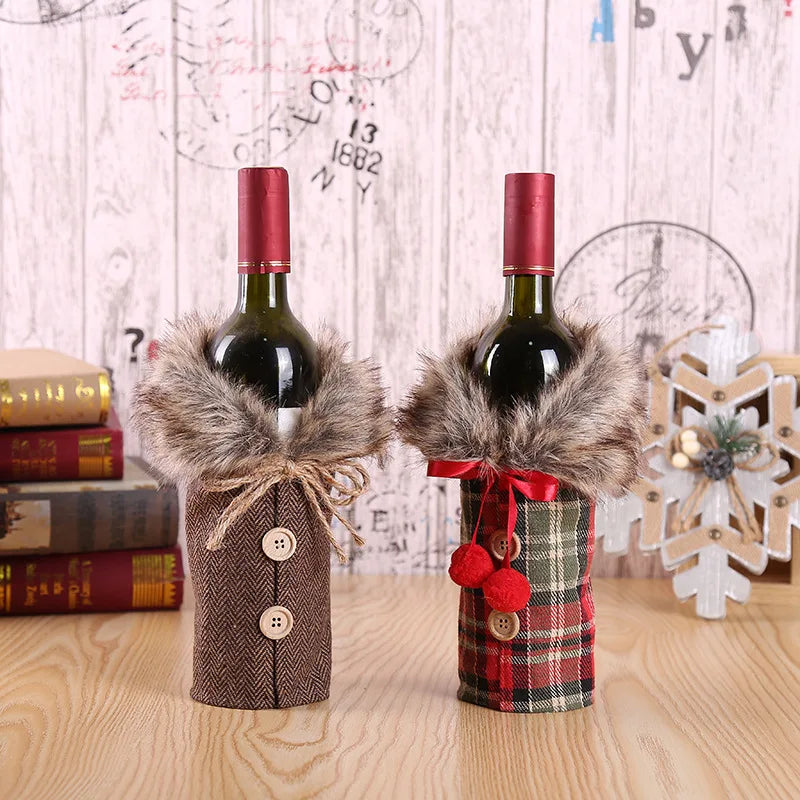 Christmas wine bottle covers in plaid and tweed styles with faux fur trim and decorative buttons