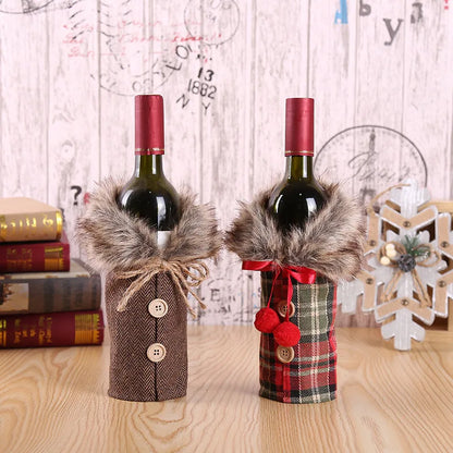 Christmas wine bottle covers in plaid and tweed styles with faux fur trim and decorative buttons