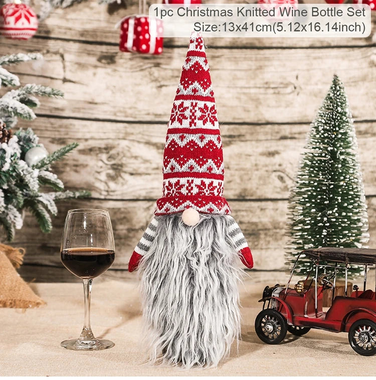 Christmas wine bottle covers featuring a knitted gnome design with a red and white hat