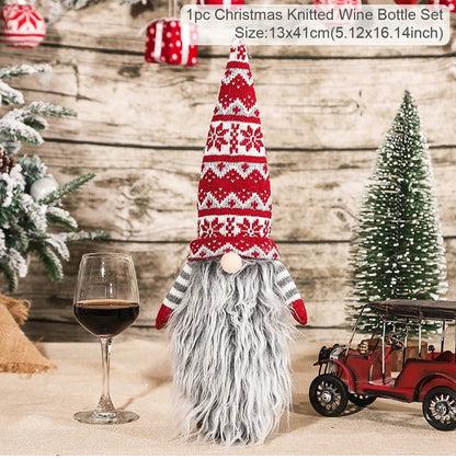 Christmas wine bottle covers featuring a knitted gnome design with a red and white hat