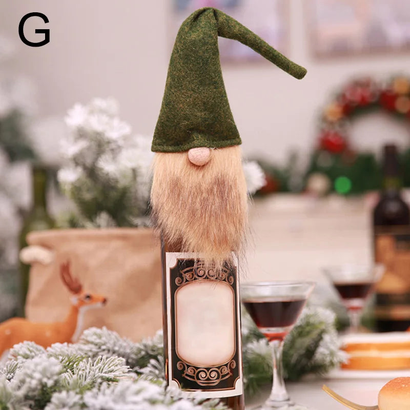 Festive Christmas wine bottle covers featuring a gnome design with a green hat and a long beard