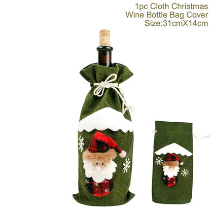Christmas wine bottle covers in green cloth with Santa design and snowflake details