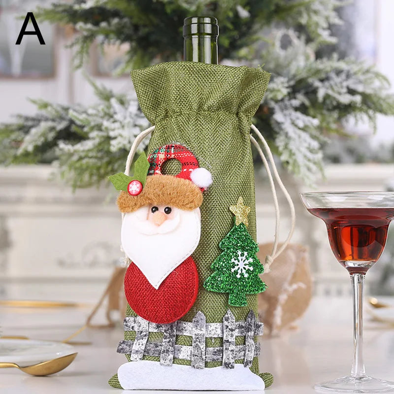Festive Christmas wine bottle covers featuring a Santa design and decorative tree embellishments