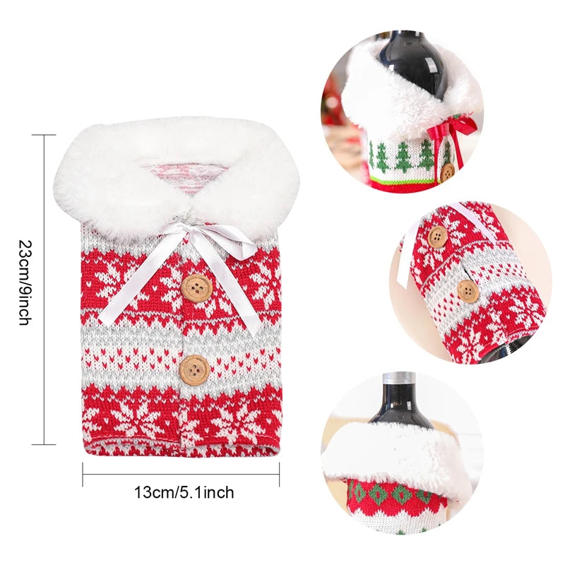 Cozy Christmas wine bottle covers in red and green patterns with faux fur collar and festive design