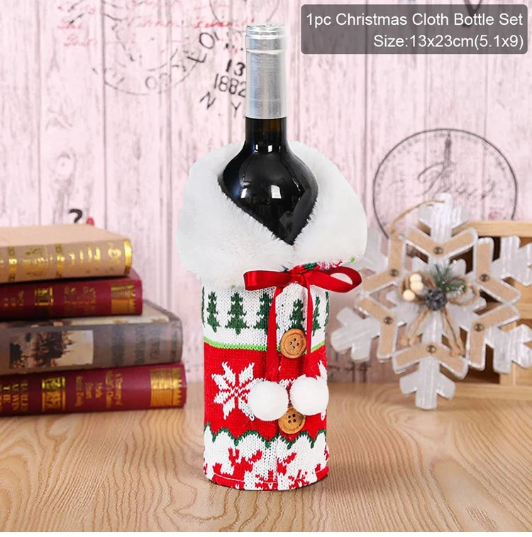 Christmas wine bottle covers featuring festive designs and a fluffy collar for holiday celebrations