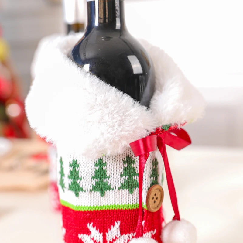 Cute Christmas wine bottle covers with festive designs and soft fur trim for holiday celebrations