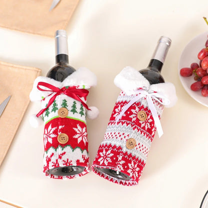 Festive Christmas wine bottle covers in red and green knit designs with pom poms and buttons