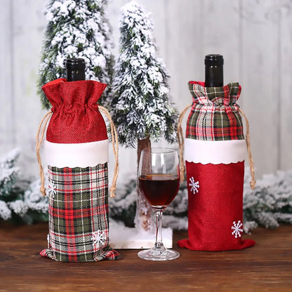 Christmas wine bottle covers in red and plaid designs with drawstring closures for festive gifting