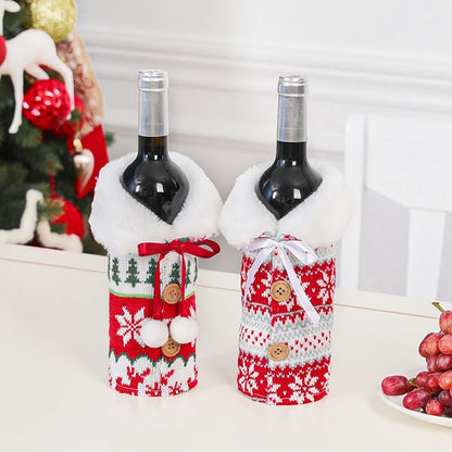 Christmas wine bottle covers designed like festive sweaters with buttons and fur collars