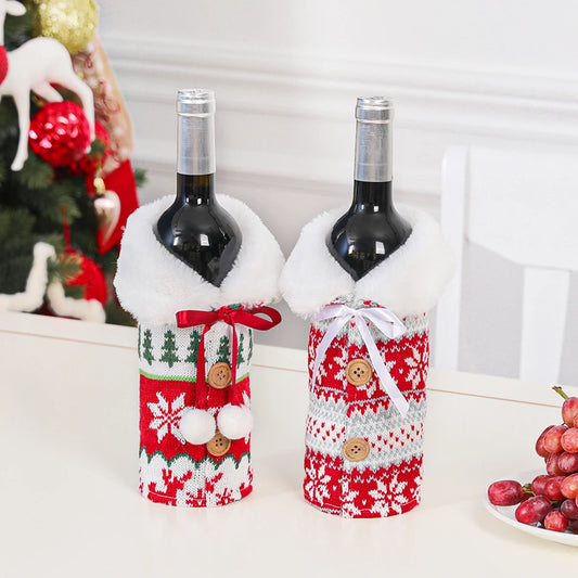 Christmas wine bottle covers with festive designs, fur collars, and buttons for holiday celebrations