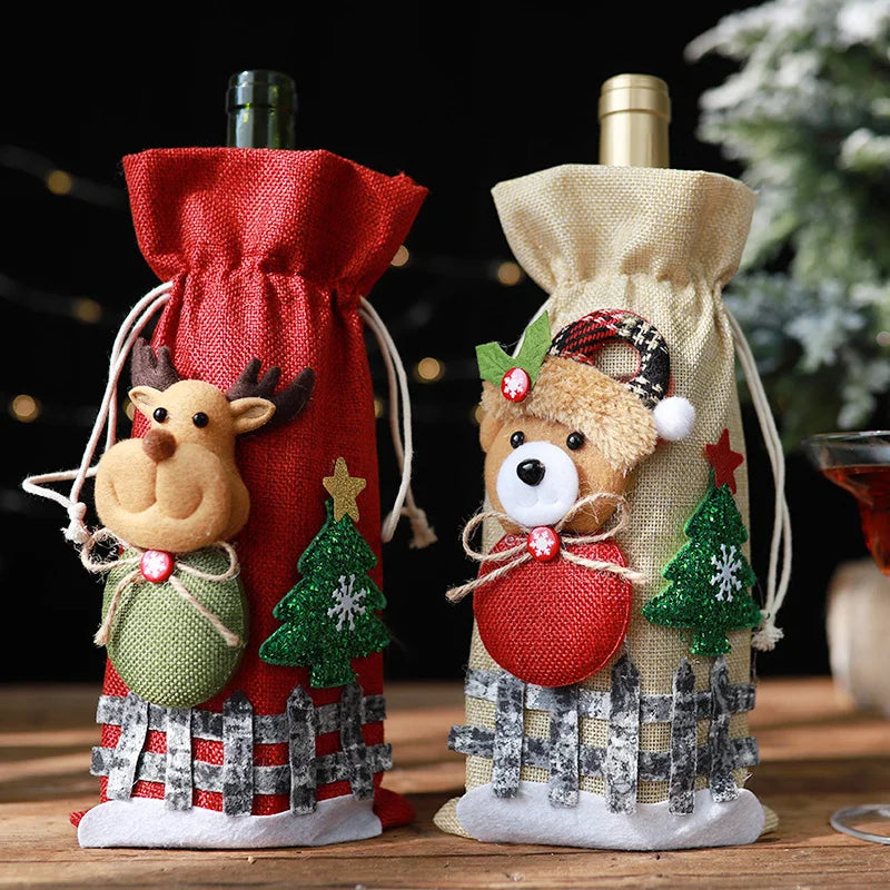 Colorful Christmas wine bottle covers featuring festive designs with reindeer and teddy bear motifs