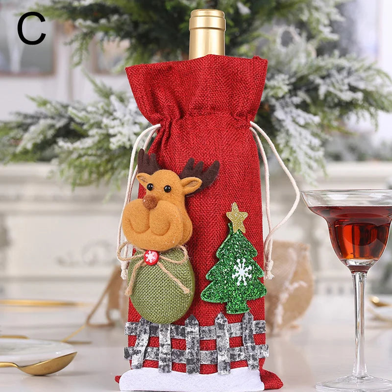 Festive Christmas wine bottle covers in red with reindeer and tree decorations for holiday celebrations