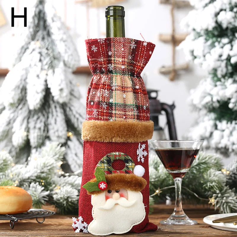 Nutshell Christmas wine bottle covers featuring a festive Santa design and plaid fabric