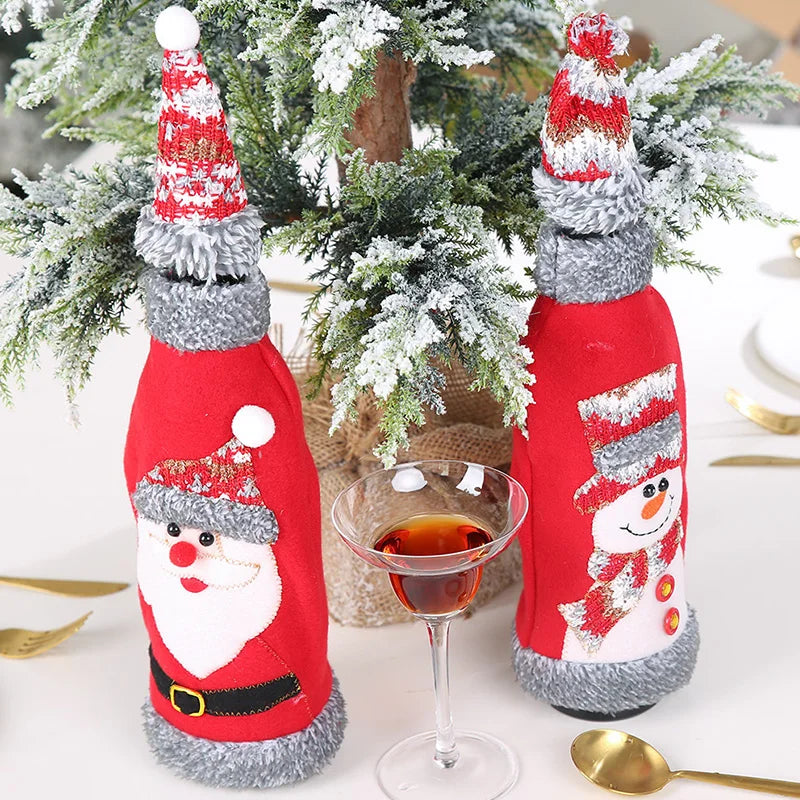 Festive Christmas wine bottle covers featuring Santa and snowman designs for holiday celebrations