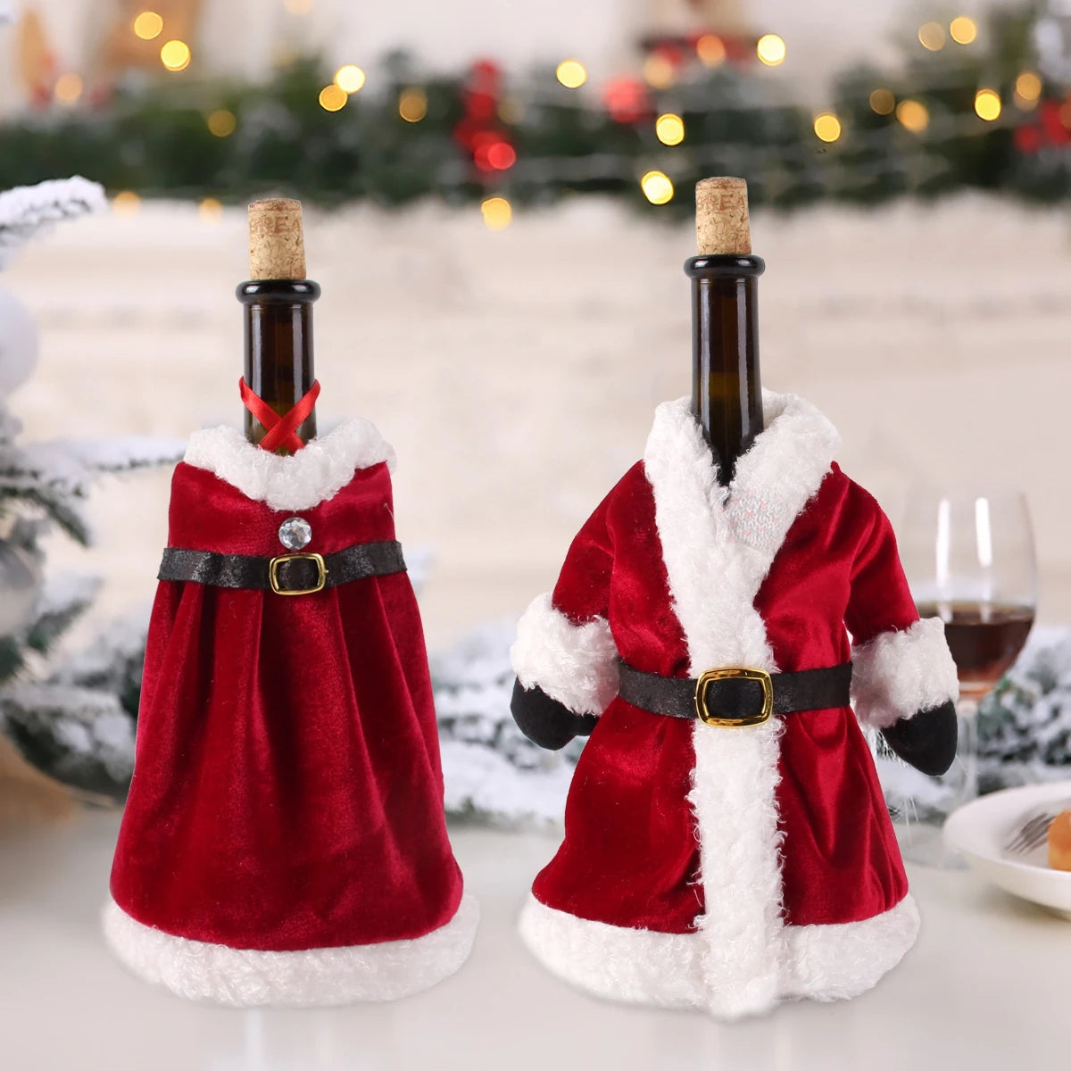 Christmas wine bottle covers designed like Santa and a festive dress for holiday cheer