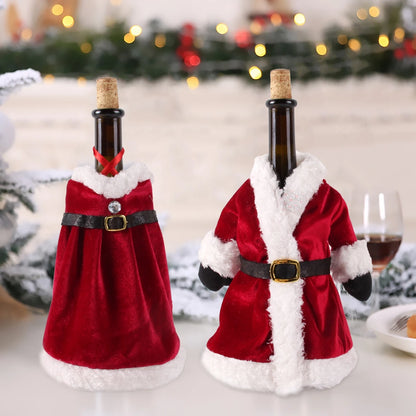 Christmas wine bottle covers designed like Santa and a festive dress for holiday cheer