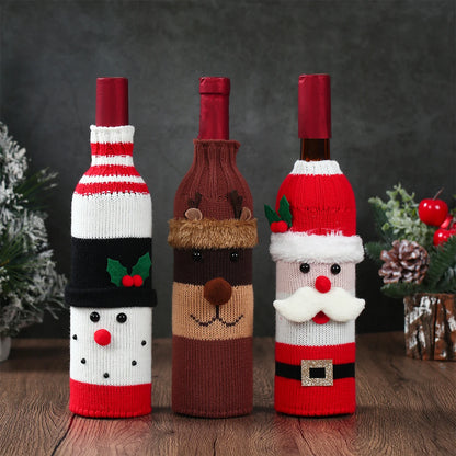 Christmas wine bottle covers set featuring a snowman, reindeer, and Santa design for festive celebrations